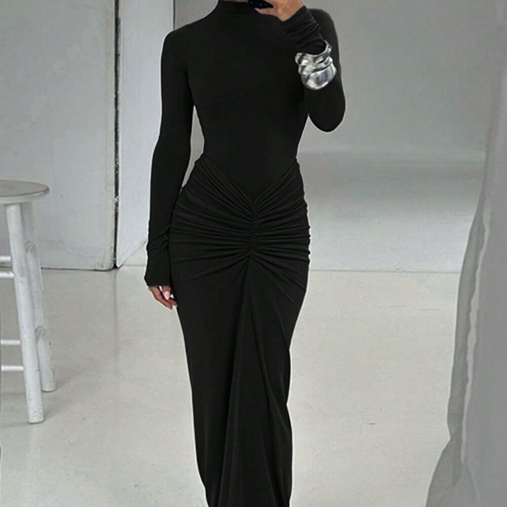 Black Elegant Women's Sexy Cinched Waist Long Dress